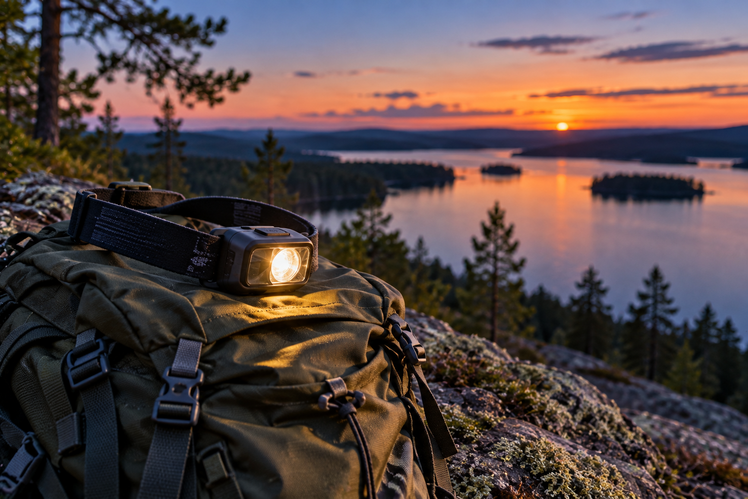 Otsalamppu repun päällä kalliolla, taustalla järvimaisema auringonlaskussa