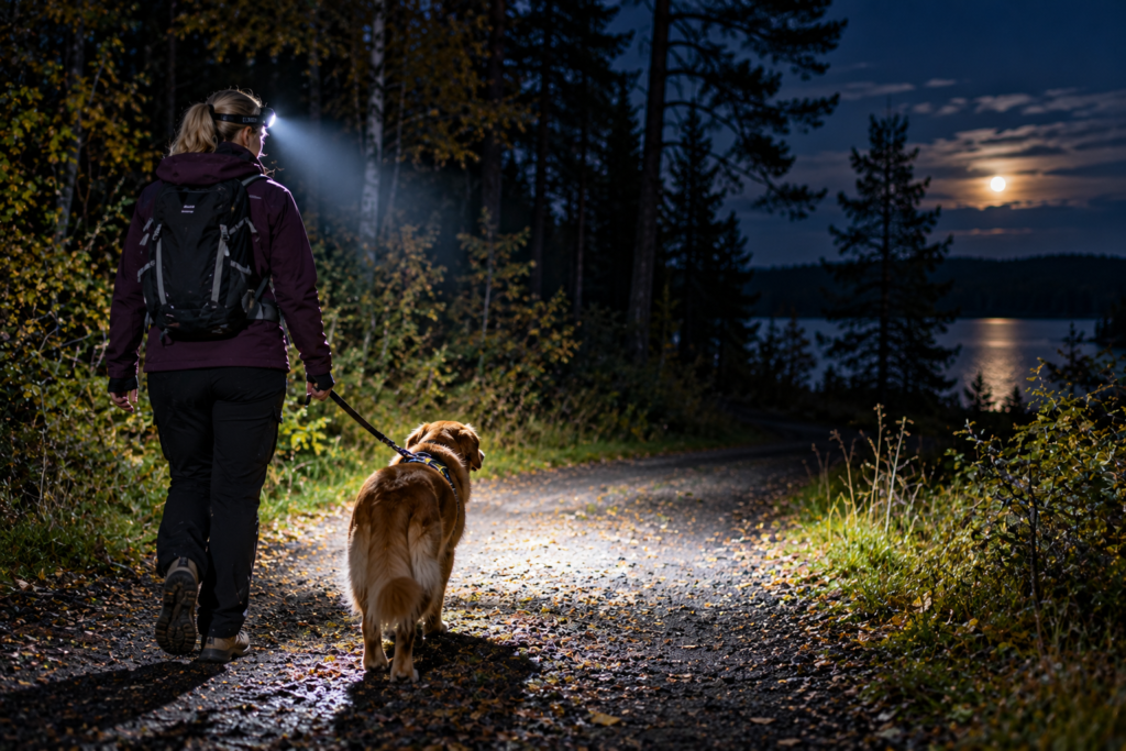 Koiranulkoiluttaja otsalampun kanssa pimeällä metsätiellä kuutamolla järven rannalla